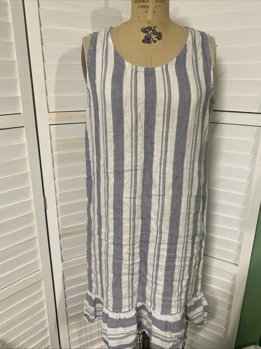 Vanessa Alexandra Striped 100% Linen Ruffle Tie Knee Length Dress Sz Medium